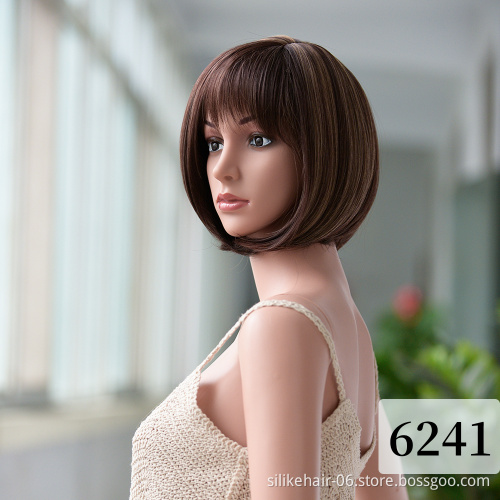 Ombre Ash Blonde Color Machine Made Short Bob Wigs With Bangs For Black Women Daily Use Heat Resistant Synthetic Wig